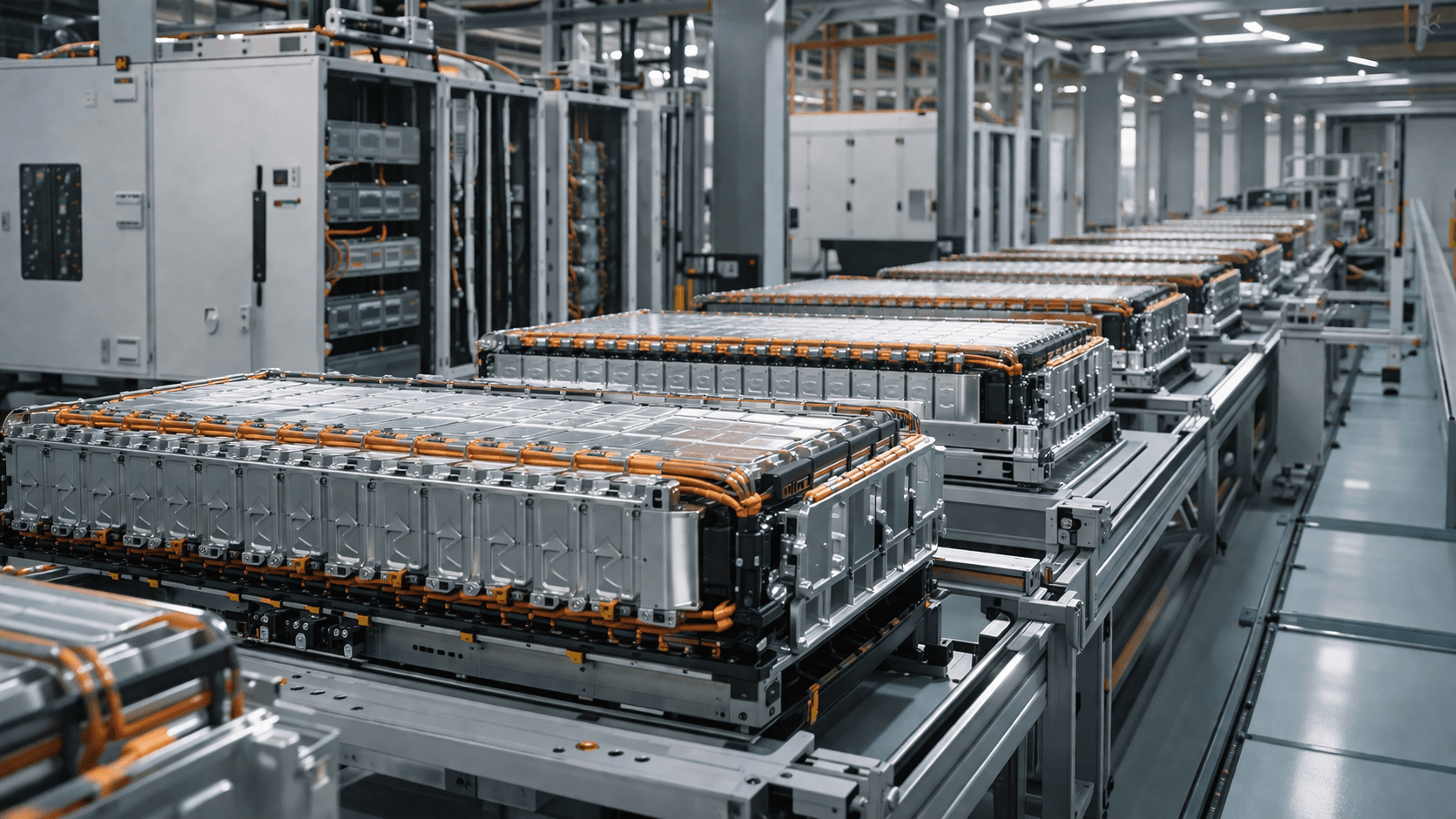 Battery cells arranged on an industrial production line